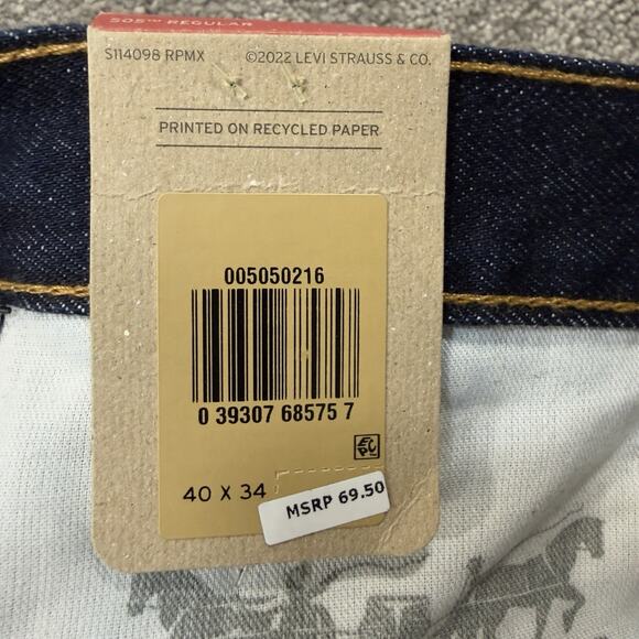 NWT Levis 505 Regular Fit Jeans 40x34 Dark Rinse Straight Leg Denim Blue Mens - Picture 3 of 10